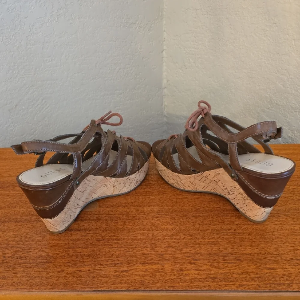 Guess Tan Strappy Lace Up Buckle Wedge Sandals Size 8